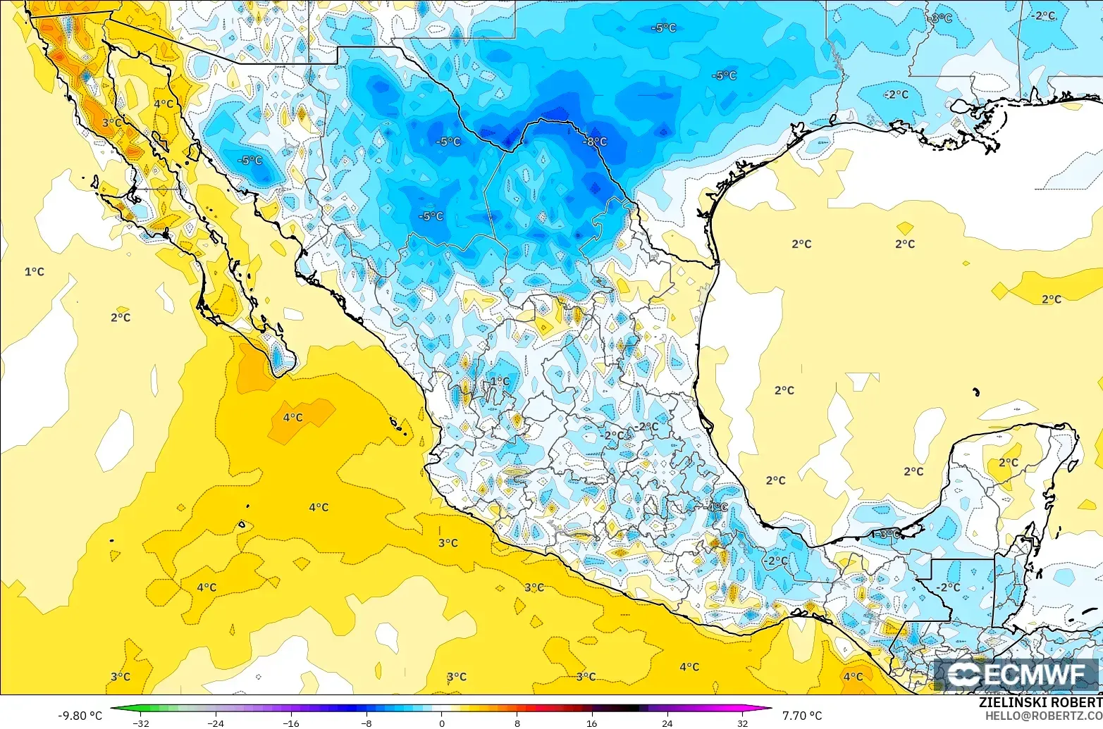 ECMWF IFS 0.25° モデル - メキシコ, 気温異常（2m）