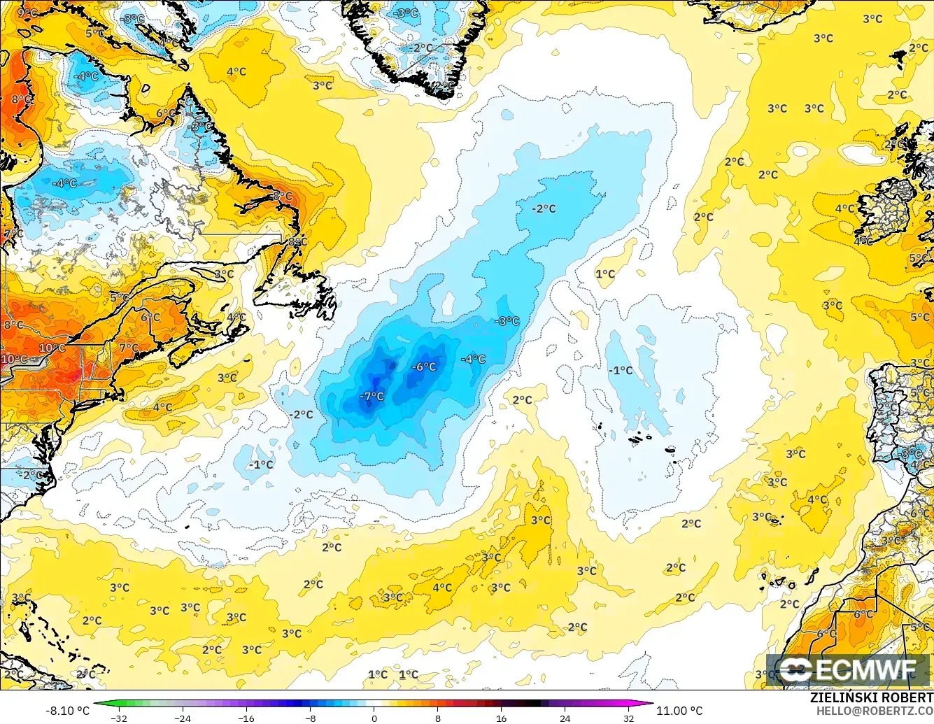 ECMWF IFS 0.25° モデル - 北大西洋, 気温異常（2m）