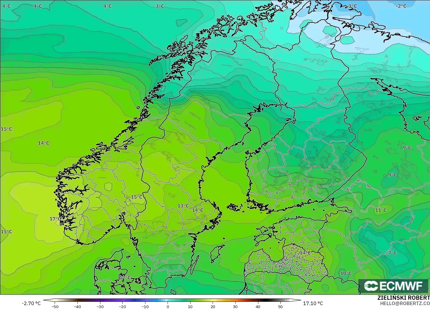 ECMWF IFS 0.25° モデル - スカンジナビア, 気温（850hPa）