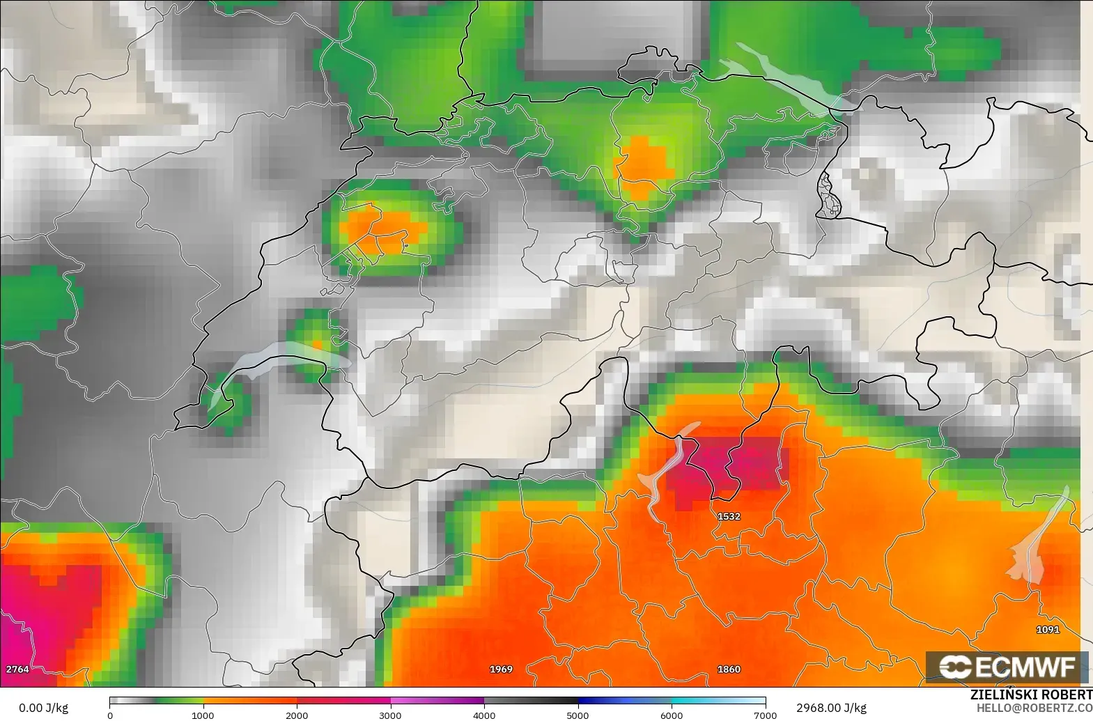 ECMWF IFS 0.25° モデル - スイス, CAPE