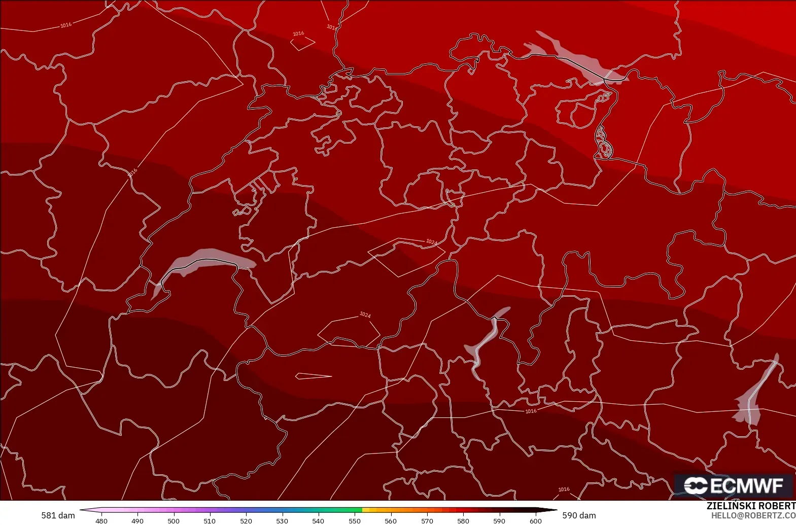 ECMWF IFS 0.25° モデル - スイス, 500hPaのジオポテンシャル高度