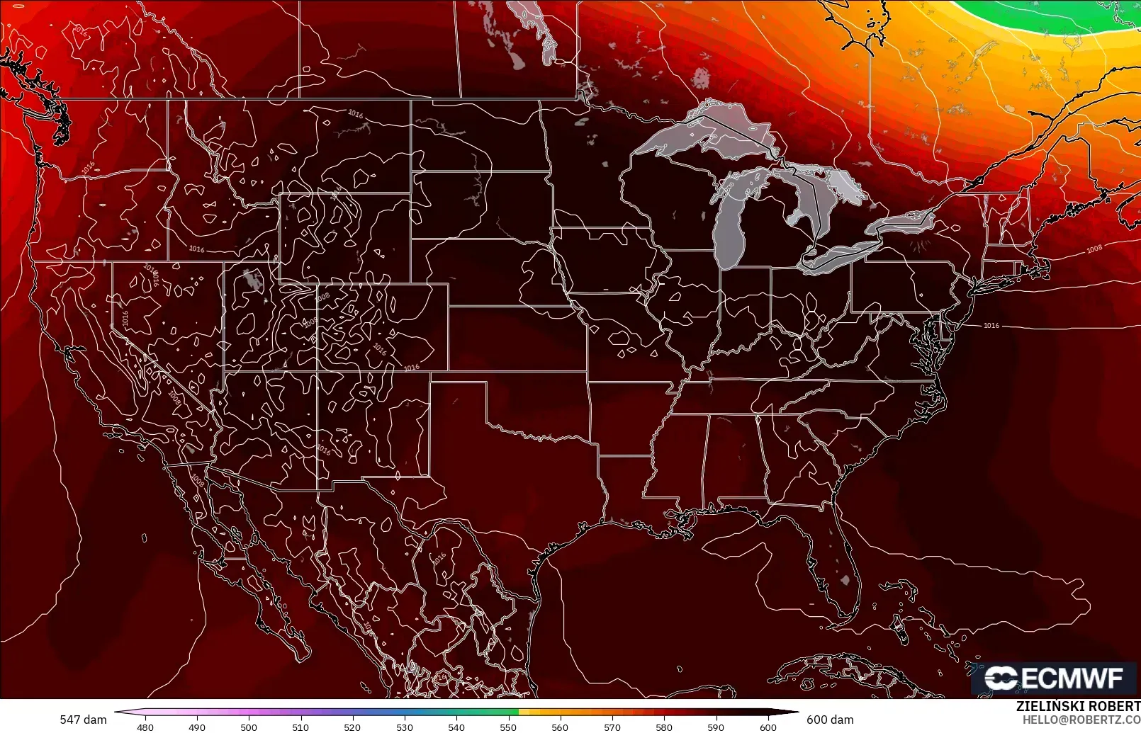 ECMWF IFS 0.25° モデル - アメリカ合衆国, 500hPaのジオポテンシャル高度