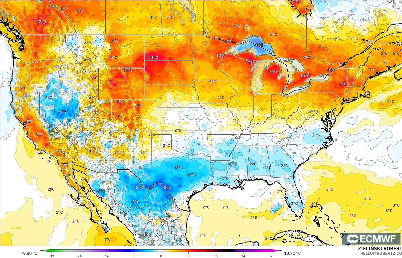 ECMWF IFS 0.25° モデル - アメリカ合衆国, 気温異常（2m）
