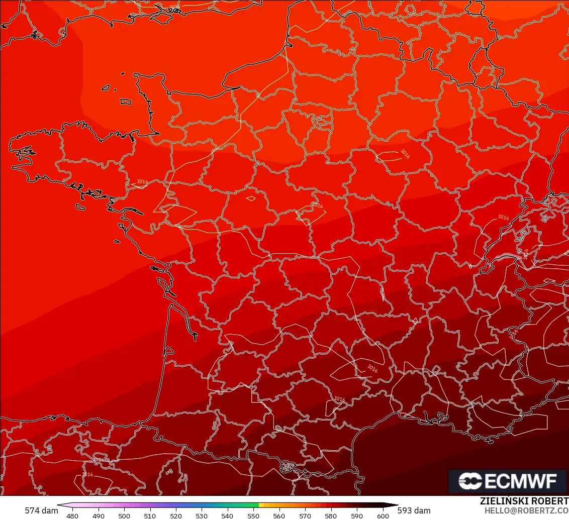 ECMWF IFS 0.25° モデル - フランス, 500hPaのジオポテンシャル高度
