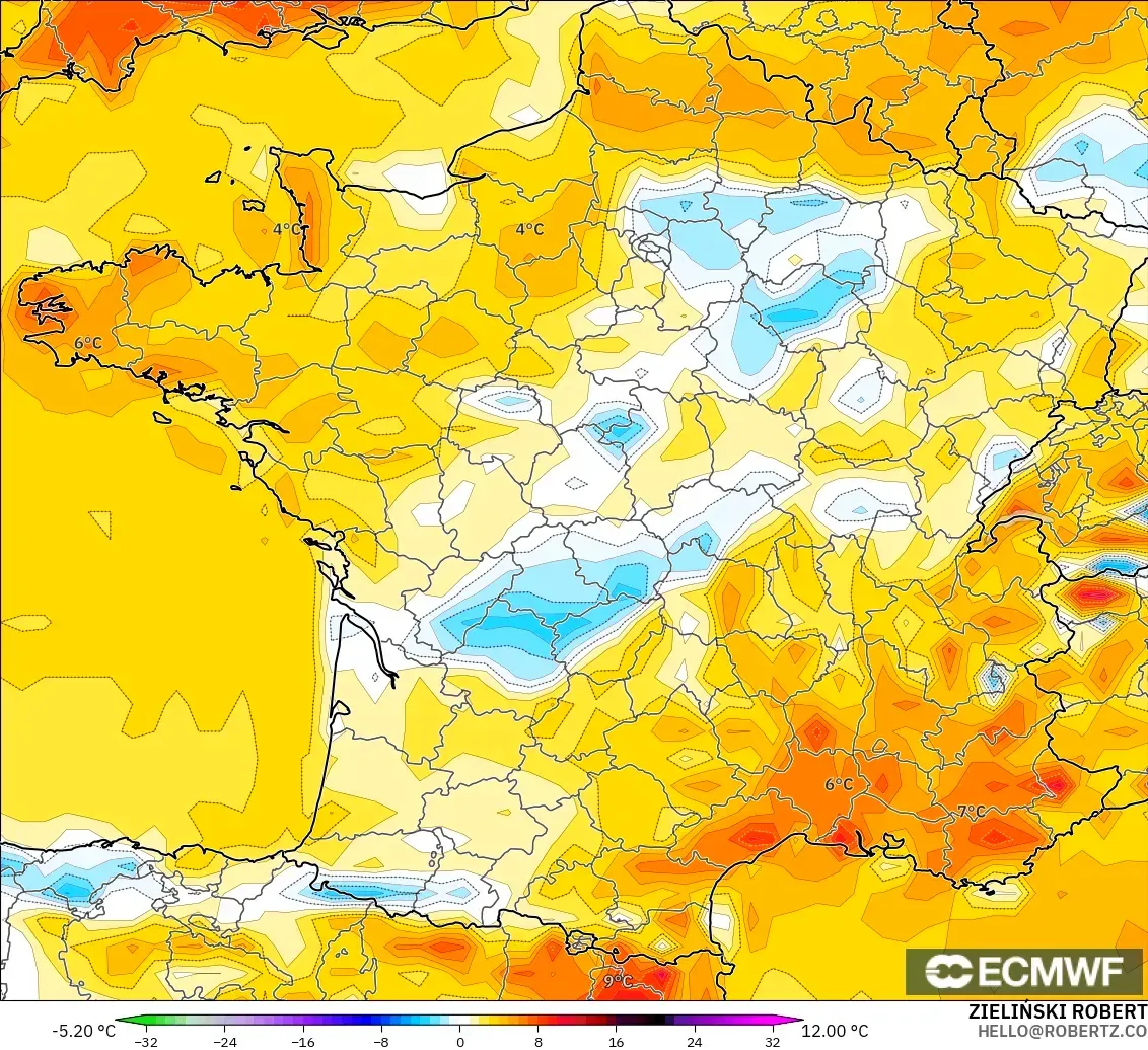 ECMWF IFS 0.25° モデル - フランス, 気温異常（2m）