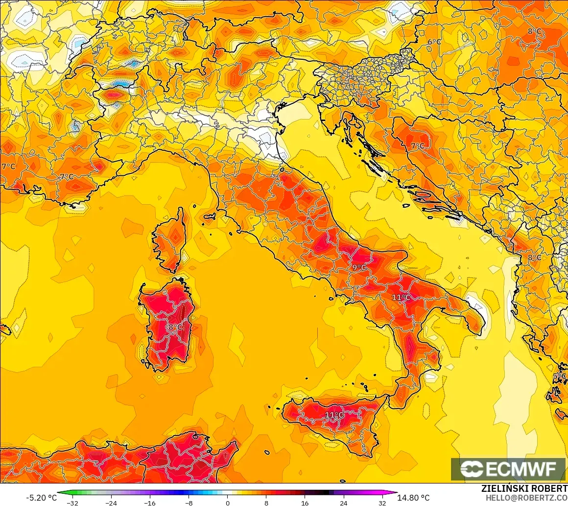 ECMWF IFS 0.25° モデル - イタリア, 気温異常（2m）