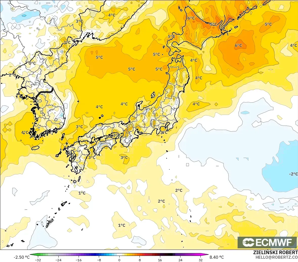 ECMWF IFS 0.25° モデル - 日本, 気温異常（2m）