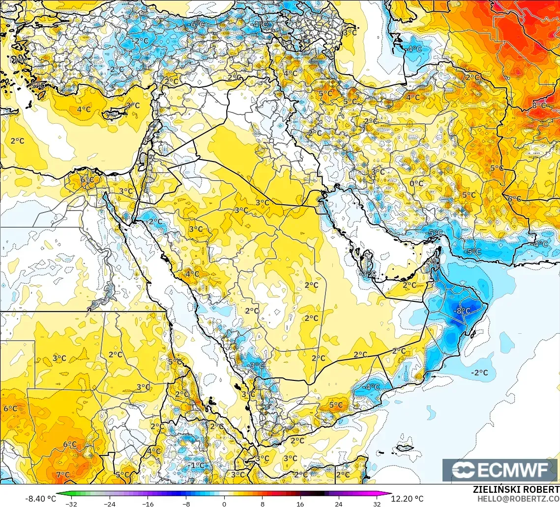 ECMWF IFS 0.25° モデル - 中東, 気温異常（2m）