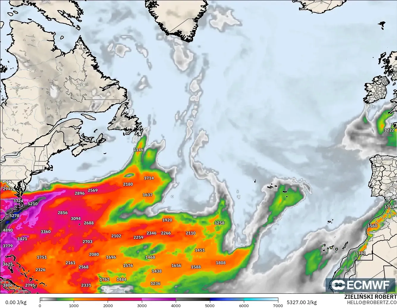 ECMWF IFS 0.25° モデル - 北大西洋, CAPE