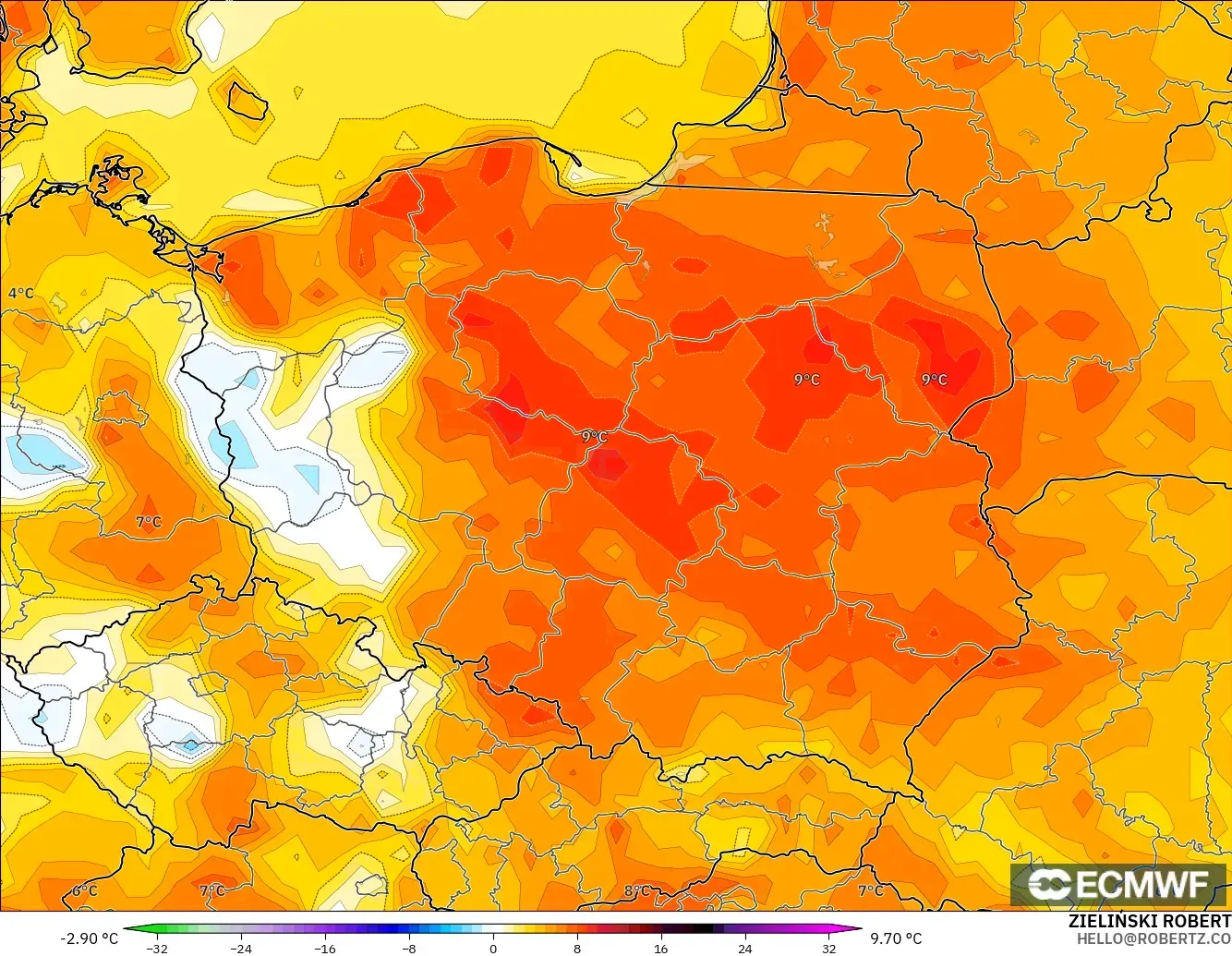 ECMWF IFS 0.25° モデル - ポーランド, 気温異常（2m）