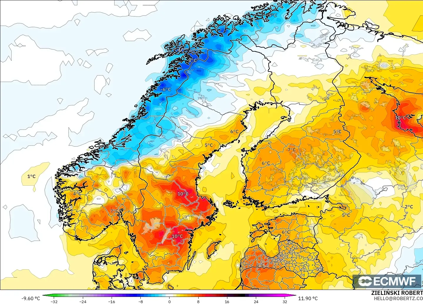 ECMWF IFS 0.25° モデル - スカンジナビア, 気温異常（2m）