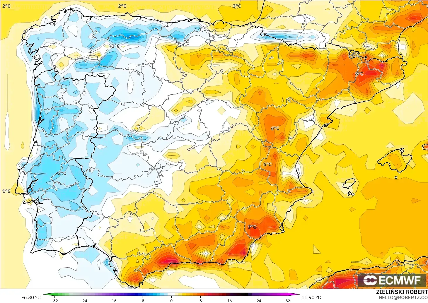 ECMWF IFS 0.25° モデル - スペイン, 気温異常（2m）