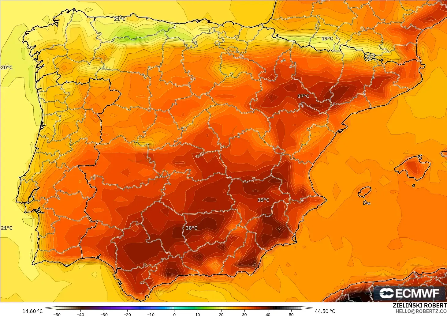 ECMWF IFS 0.25° モデル - スペイン, 気温（2m）
