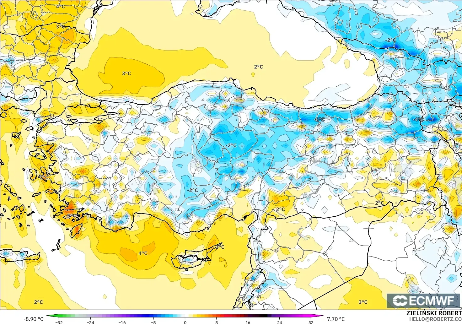 ECMWF IFS 0.25° モデル - トルコ, 気温異常（2m）