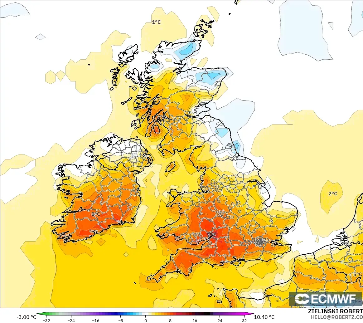 ECMWF IFS 0.25° モデル - イギリス, 気温異常（2m）