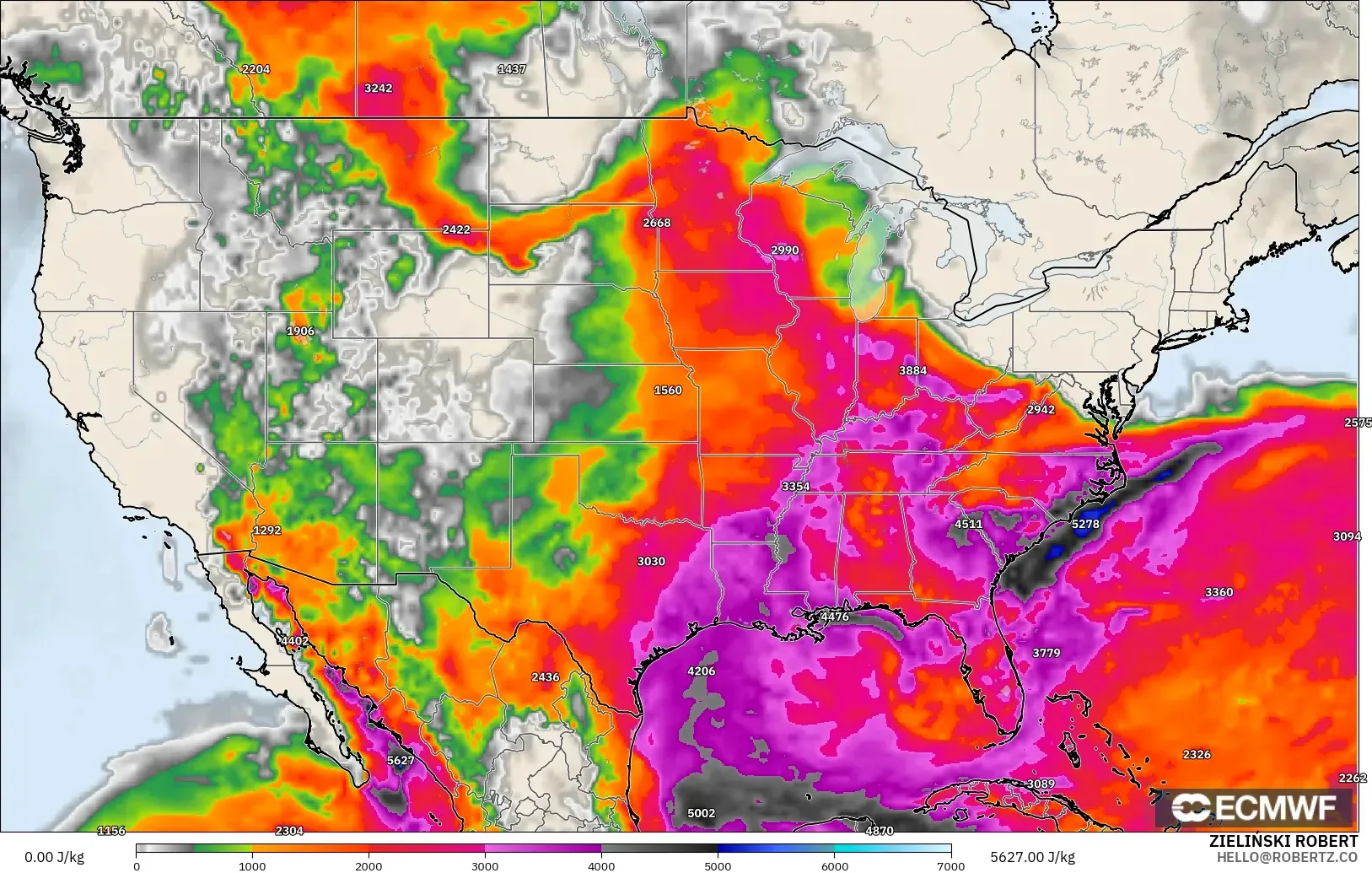 ECMWF IFS 0.25° モデル - アメリカ合衆国, CAPE
