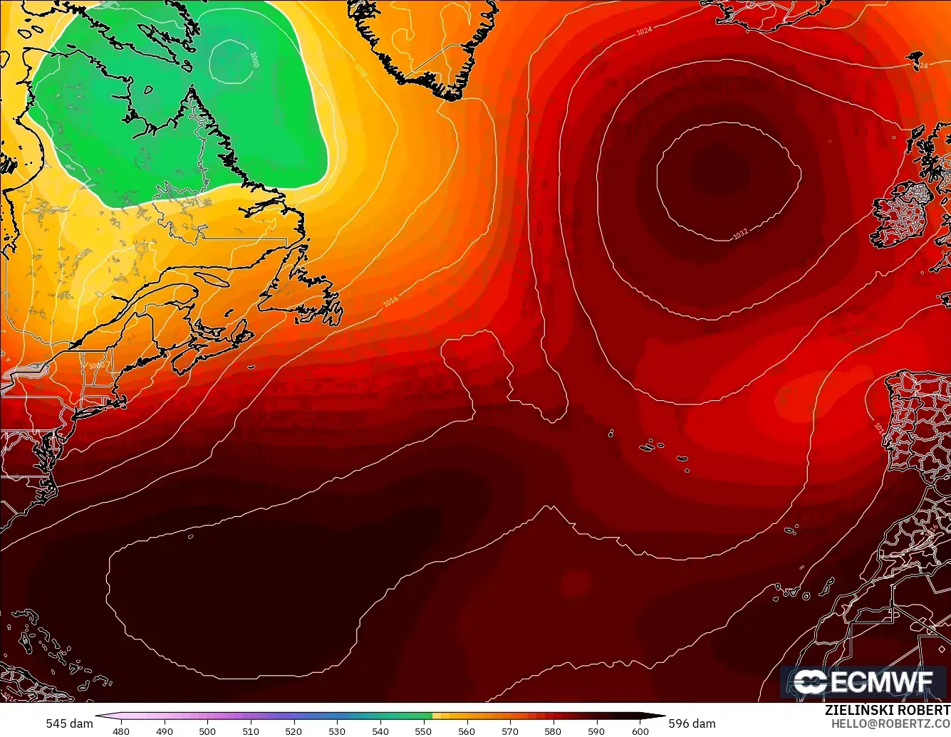 ECMWF IFS 0.25° モデル - 北大西洋, 500hPaのジオポテンシャル高度
