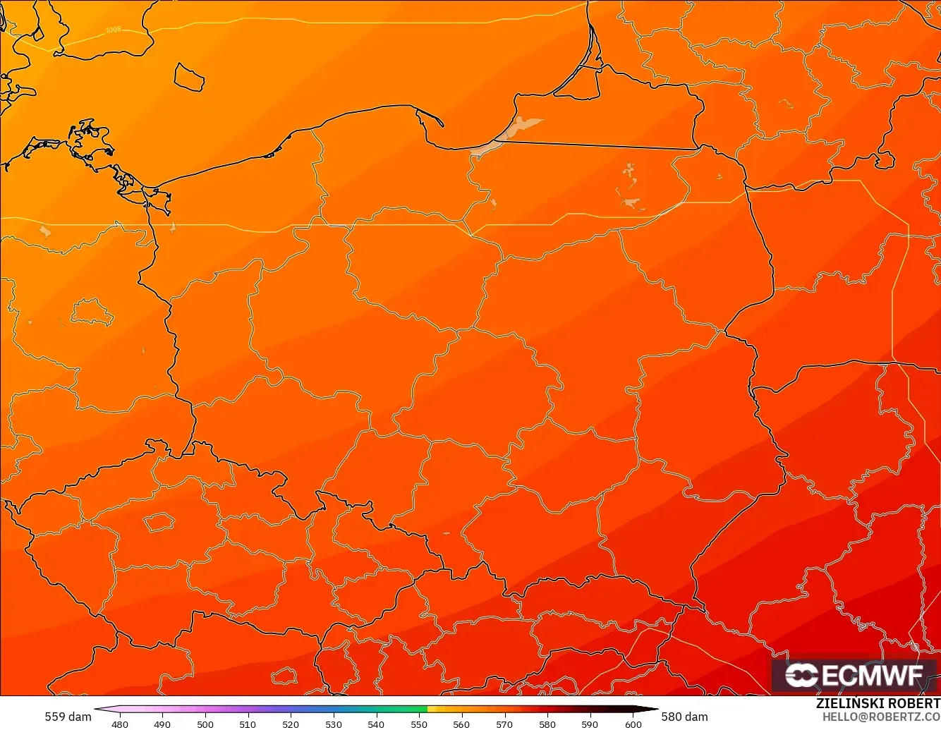 ECMWF IFS 0.25° モデル - ポーランド, 500hPaのジオポテンシャル高度