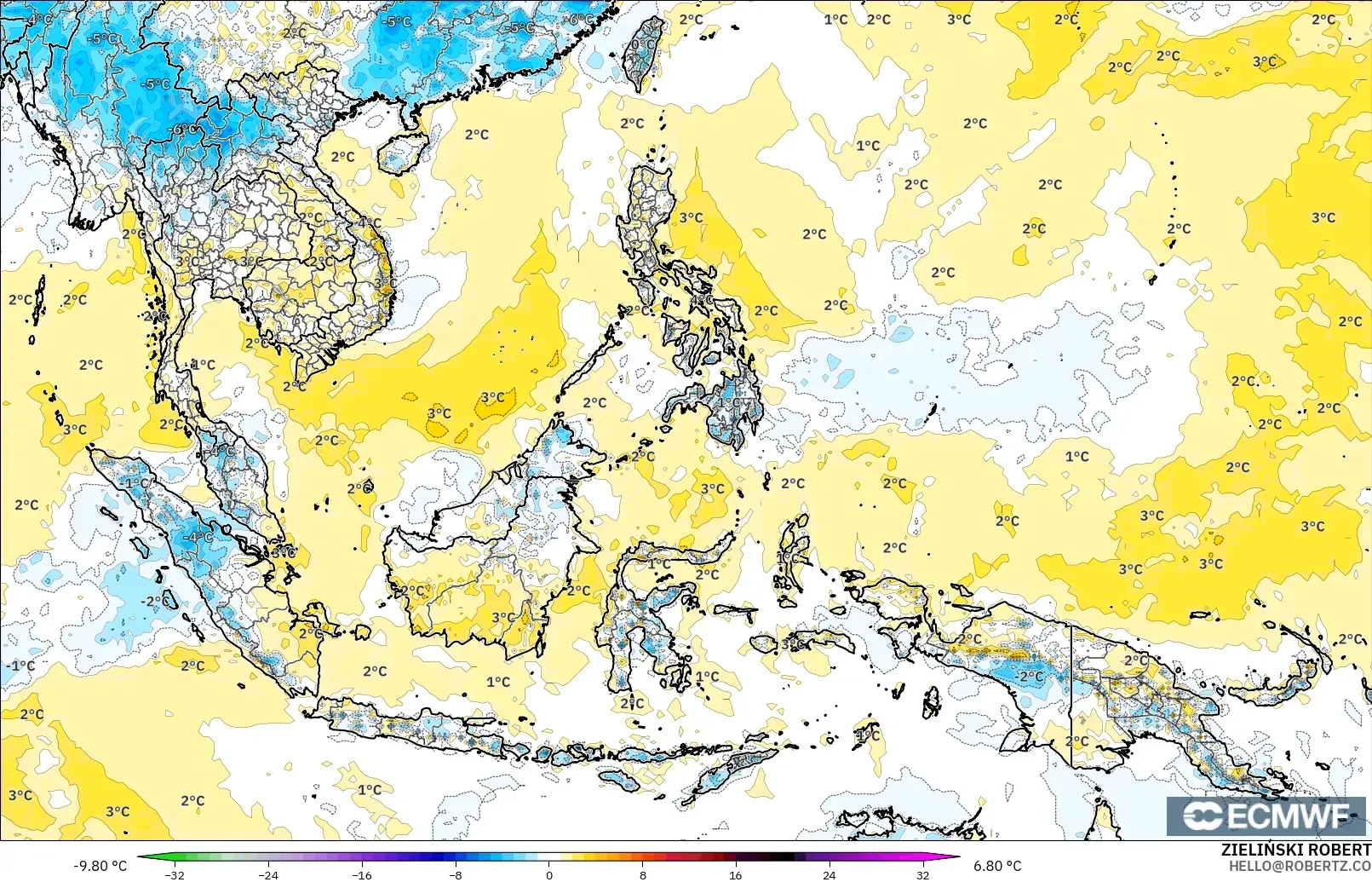 ECMWF IFS 0.25° モデル - 東南アジア, 気温異常（2m）