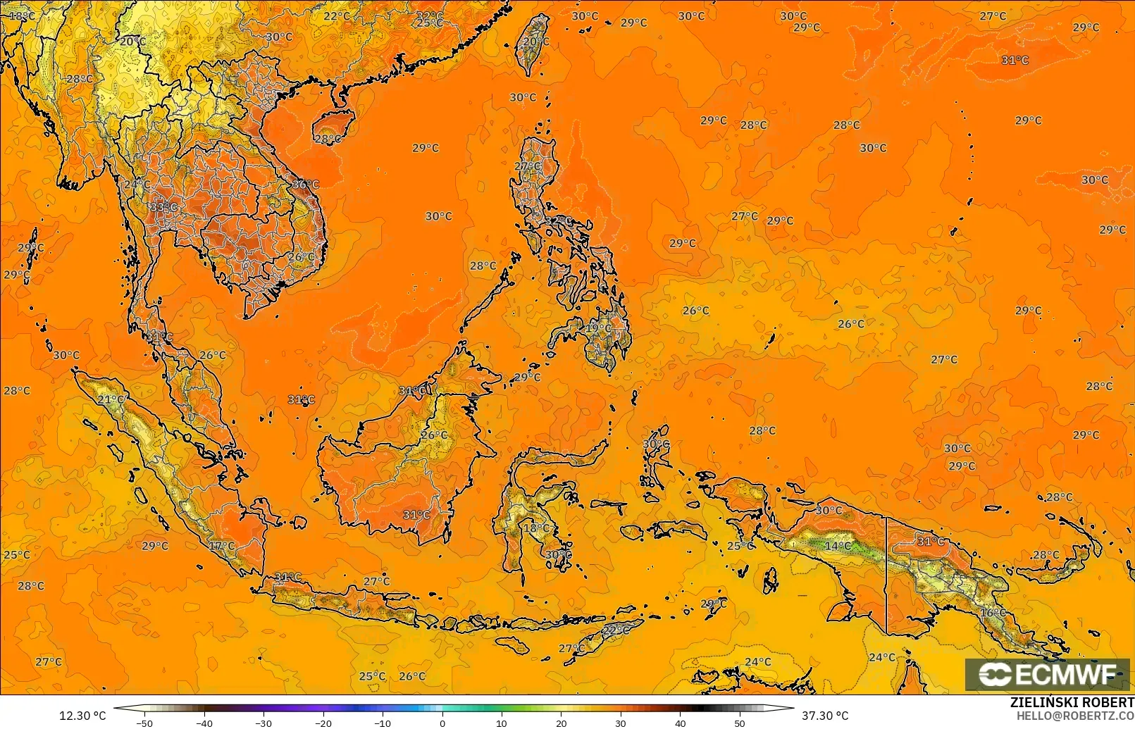 ECMWF IFS 0.25° モデル - 東南アジア, 気温（2m）