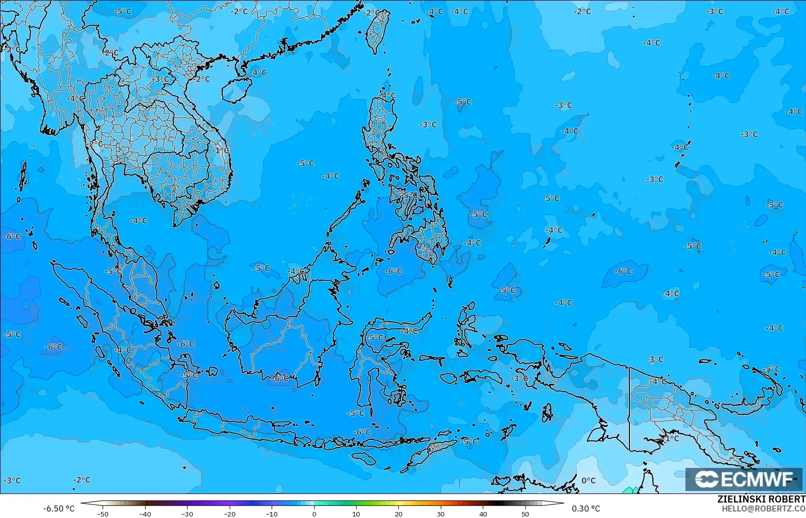 ECMWF IFS 0.25° モデル - 東南アジア, 気温（500hPa）