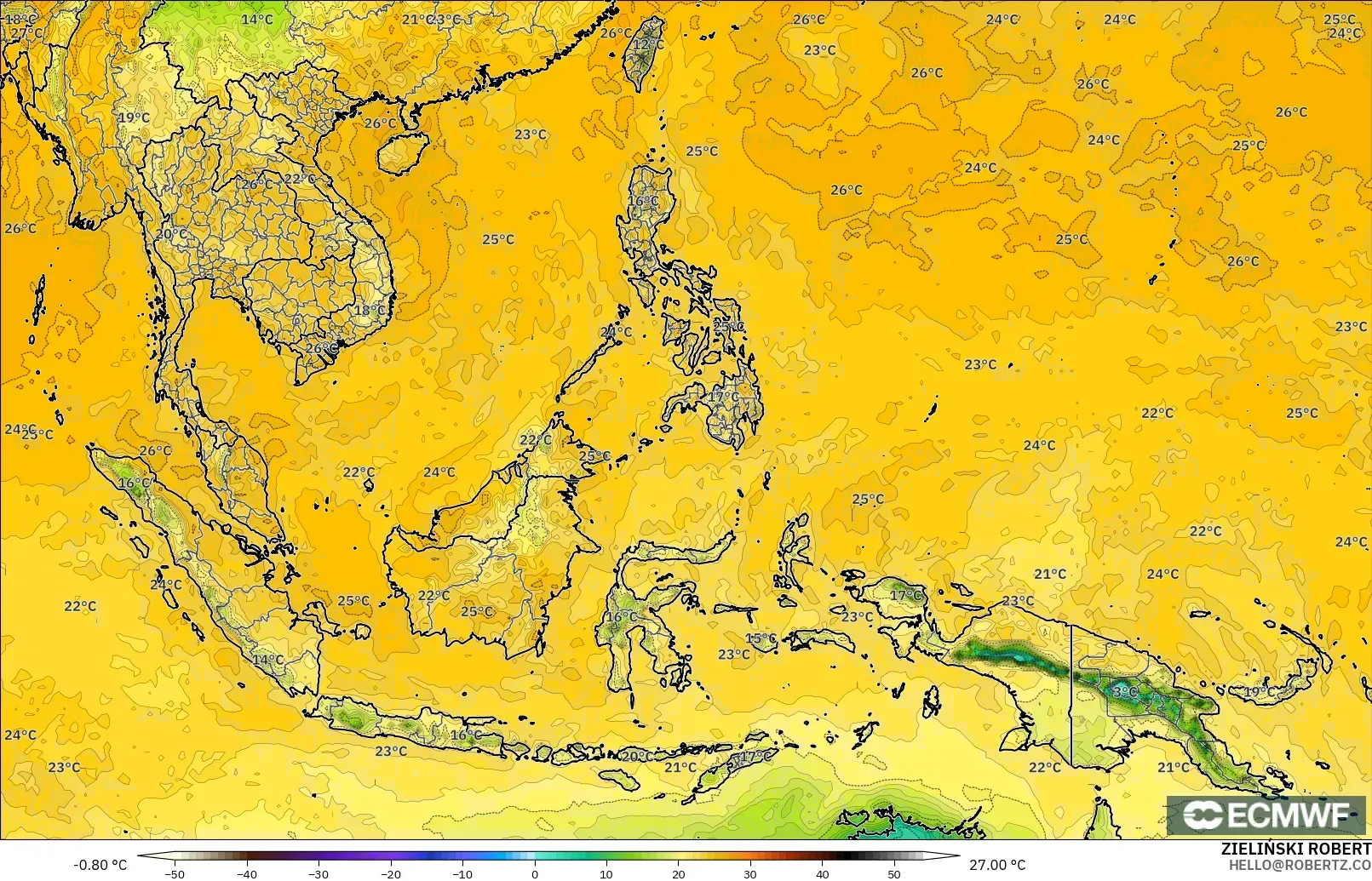 ECMWF IFS 0.25° モデル - 東南アジア, 露点温度（2m）
