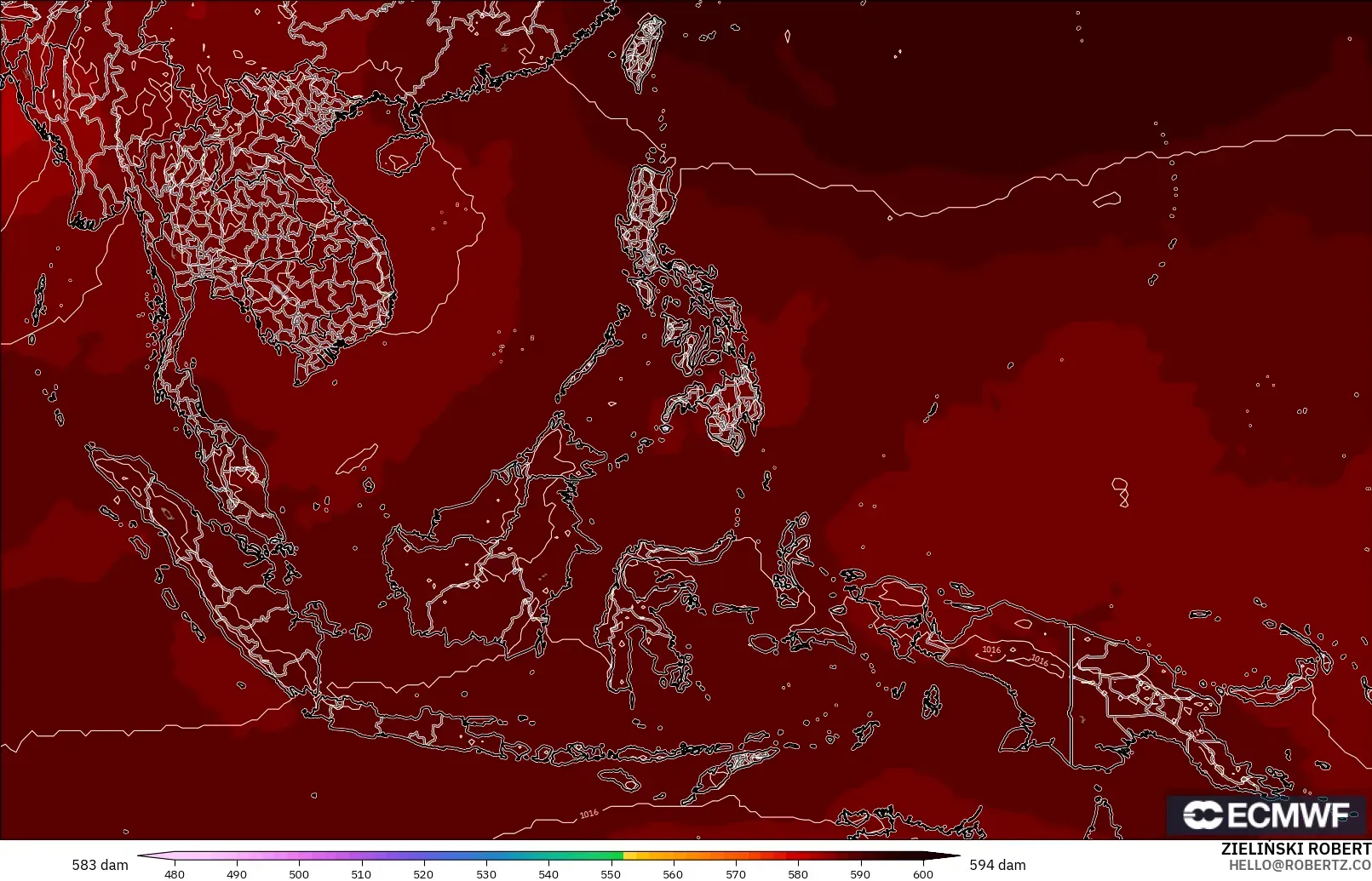 ECMWF IFS 0.25° モデル - 東南アジア, 500hPaのジオポテンシャル高度