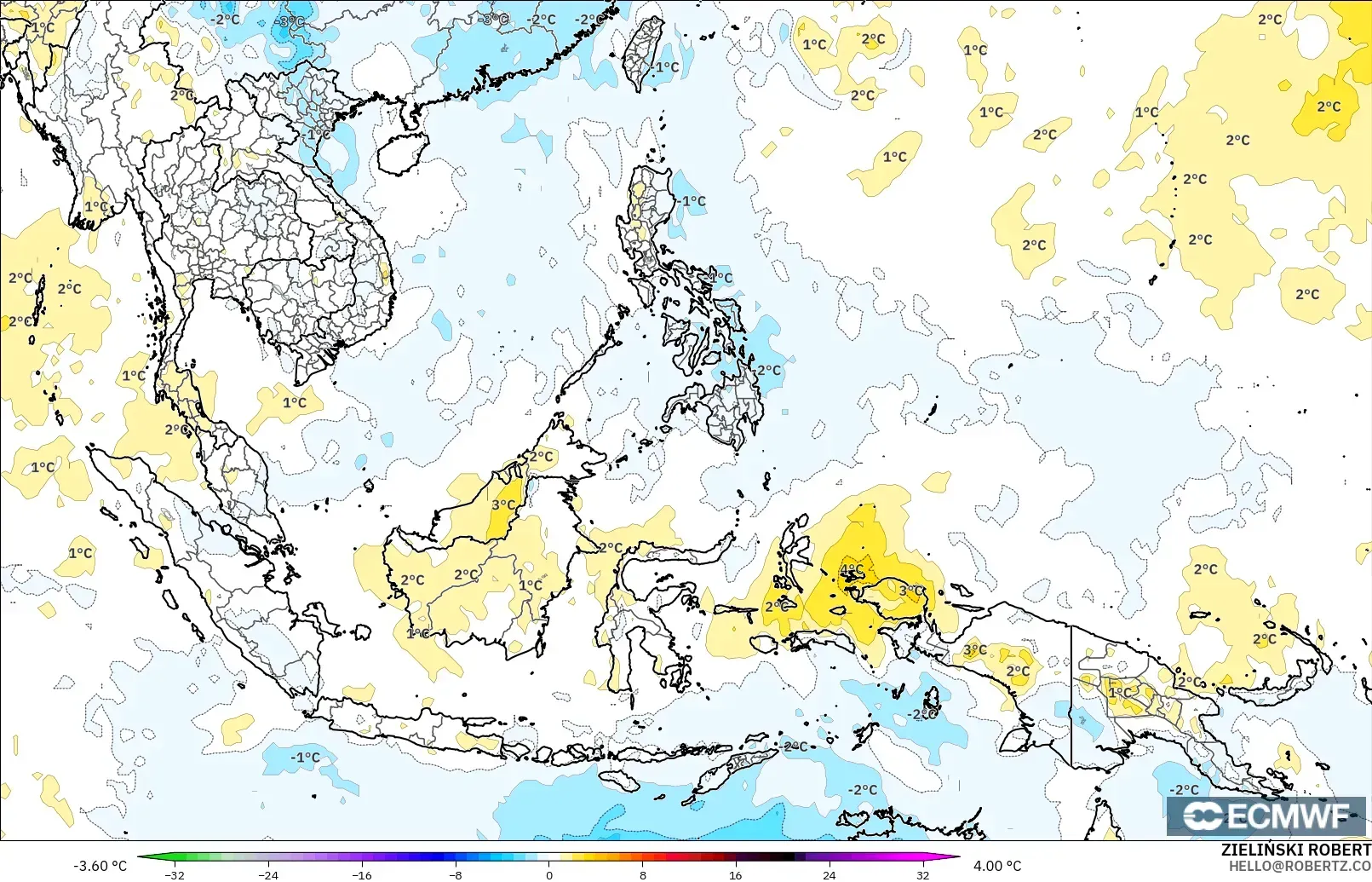 ECMWF IFS 0.25° モデル - 東南アジア, 気温異常（850hPa）