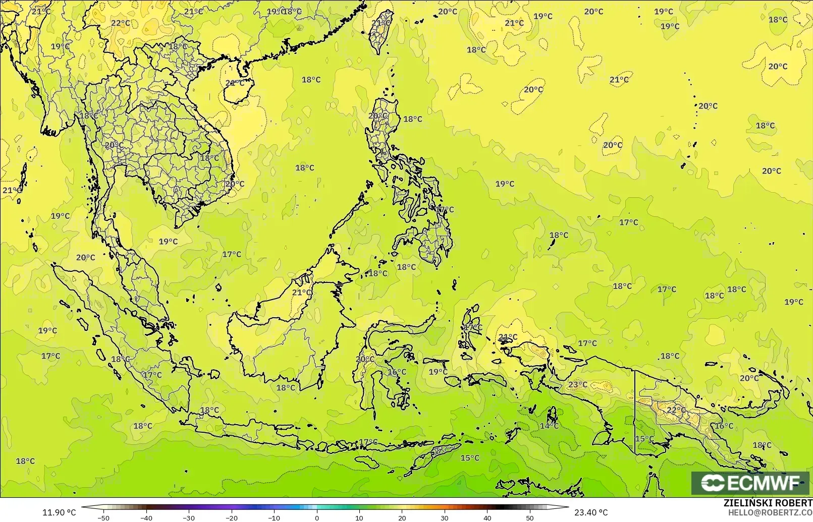 ECMWF IFS 0.25° モデル - 東南アジア, 気温（850hPa）