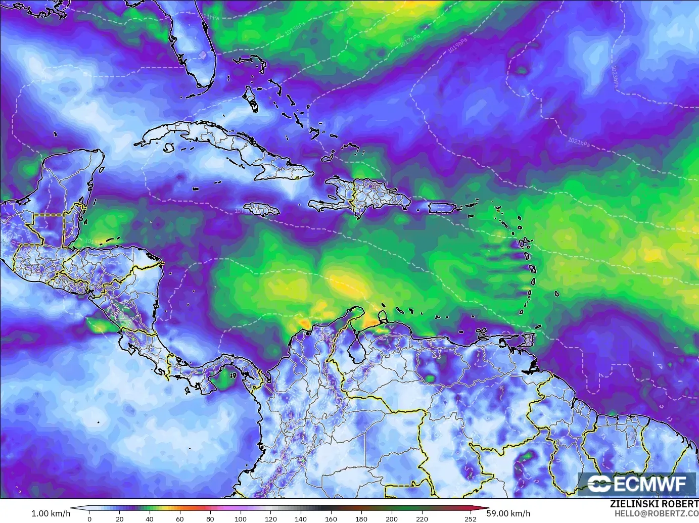 ECMWF IFS 0.25° モデル - カリブ海, 突風