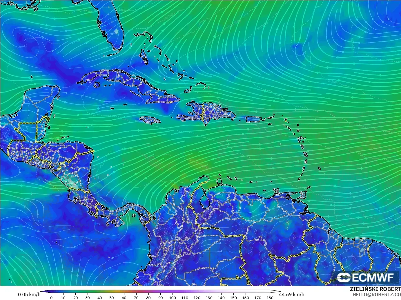 ECMWF IFS 0.25° モデル - カリブ海, 風速（10m）