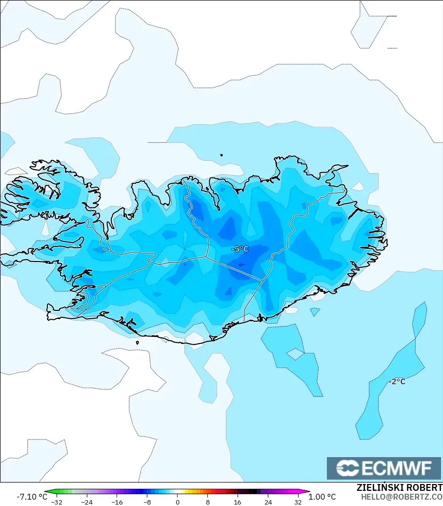 ECMWF IFS 0.25° モデル - アイスランド, 気温異常（2m）