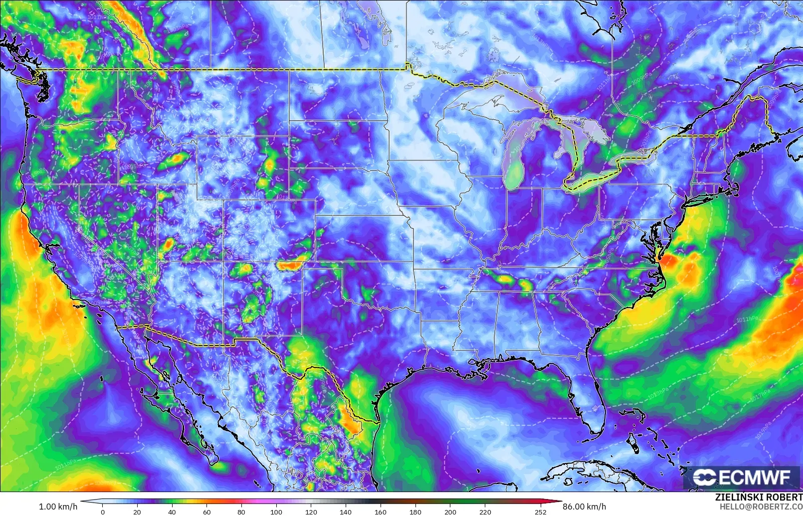 ECMWF IFS 0.25° モデル - アメリカ合衆国, 突風（最大）