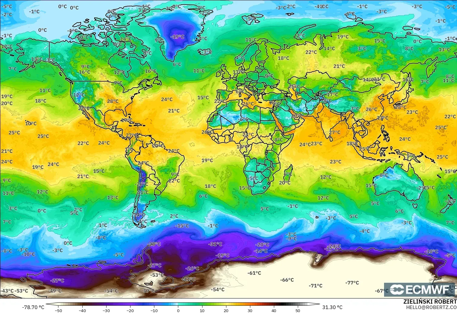 ECMWF IFS 0.25° モデル - 世界, 露点温度（2m）
