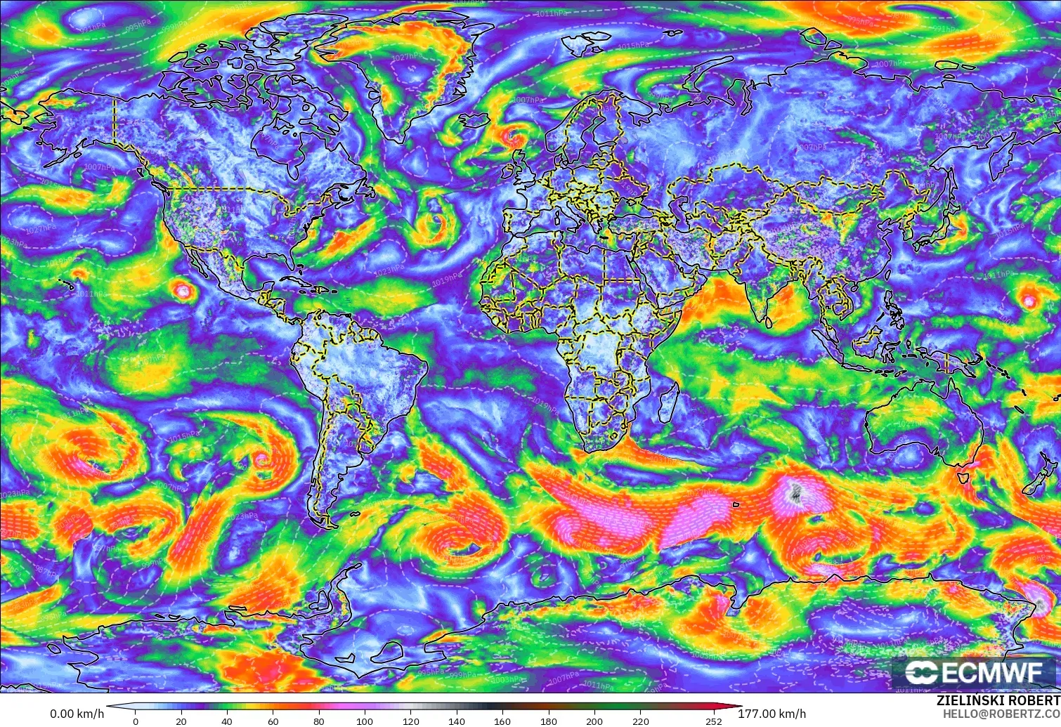 ECMWF IFS 0.25° モデル - 世界, 突風（最大）