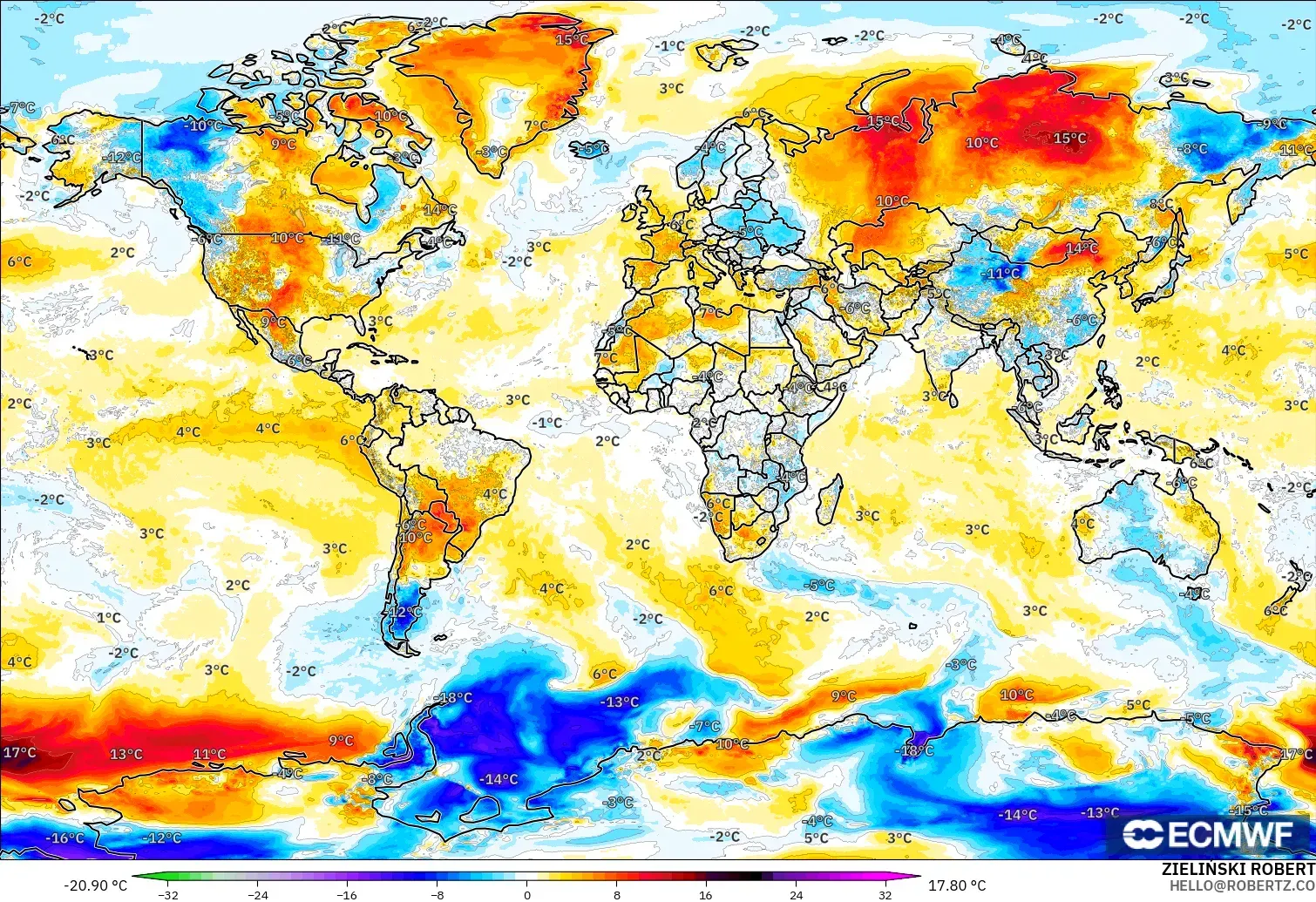 ECMWF IFS 0.25° モデル - 世界, 気温異常（2m）