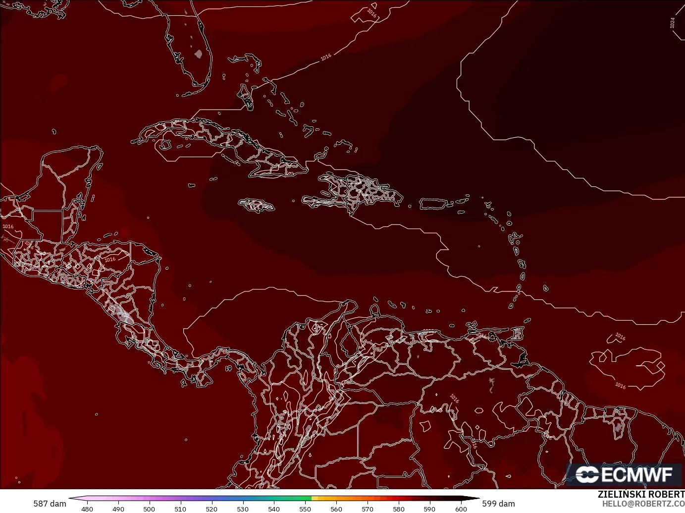 ECMWF IFS 0.25° モデル - カリブ海, 500hPaのジオポテンシャル高度