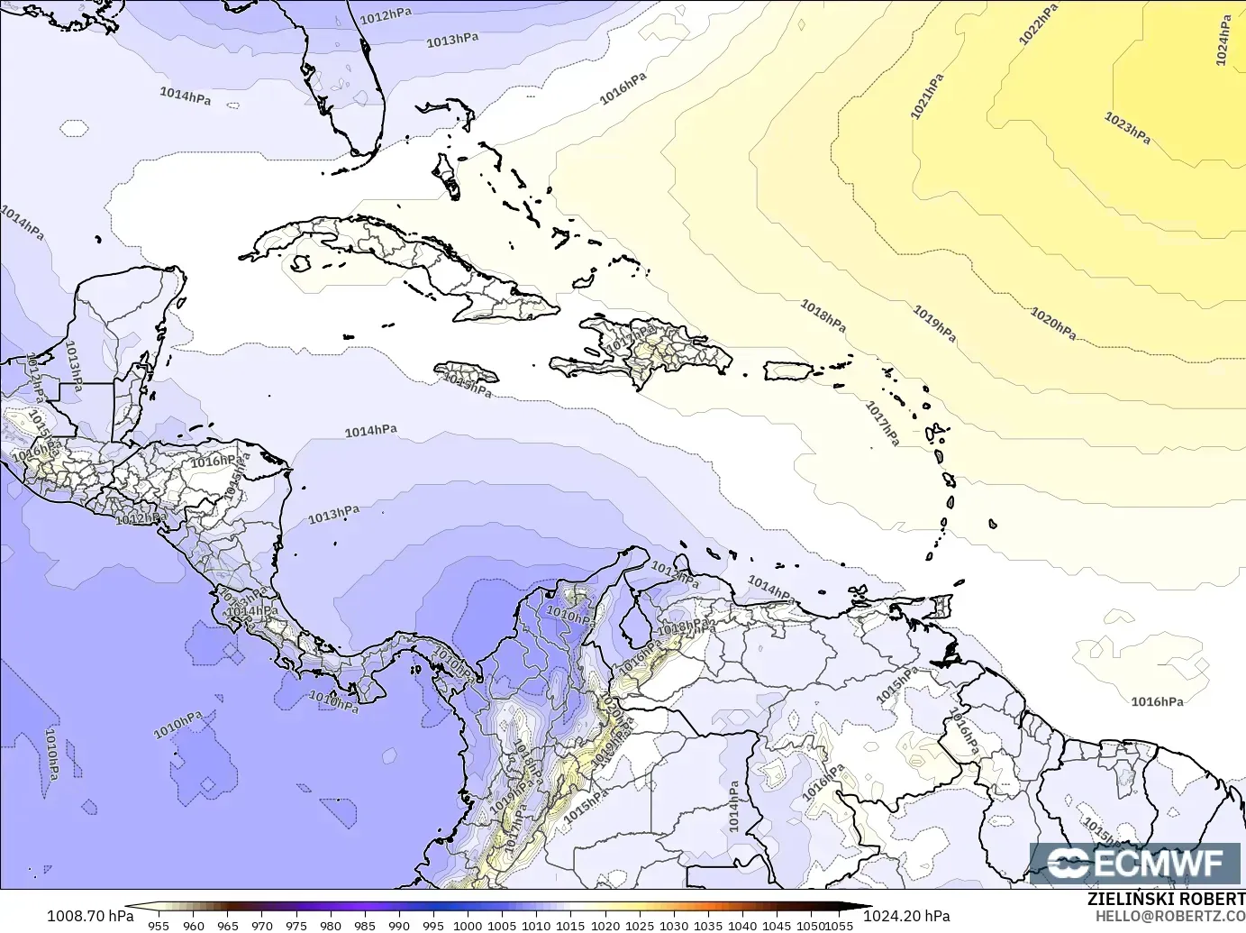 ECMWF IFS 0.25° モデル - カリブ海, 気圧