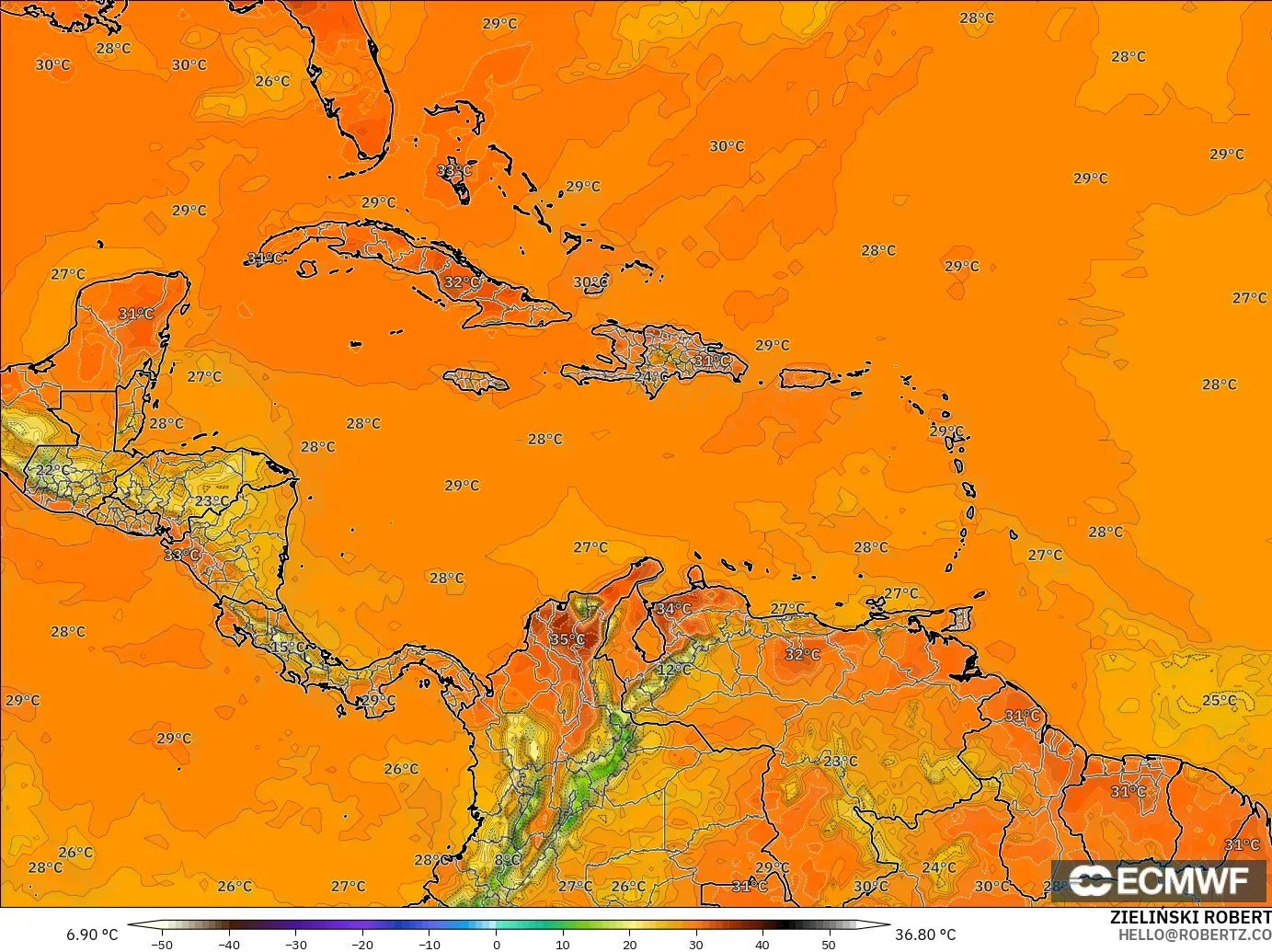 ECMWF IFS 0.25° モデル - カリブ海, 気温（2m）