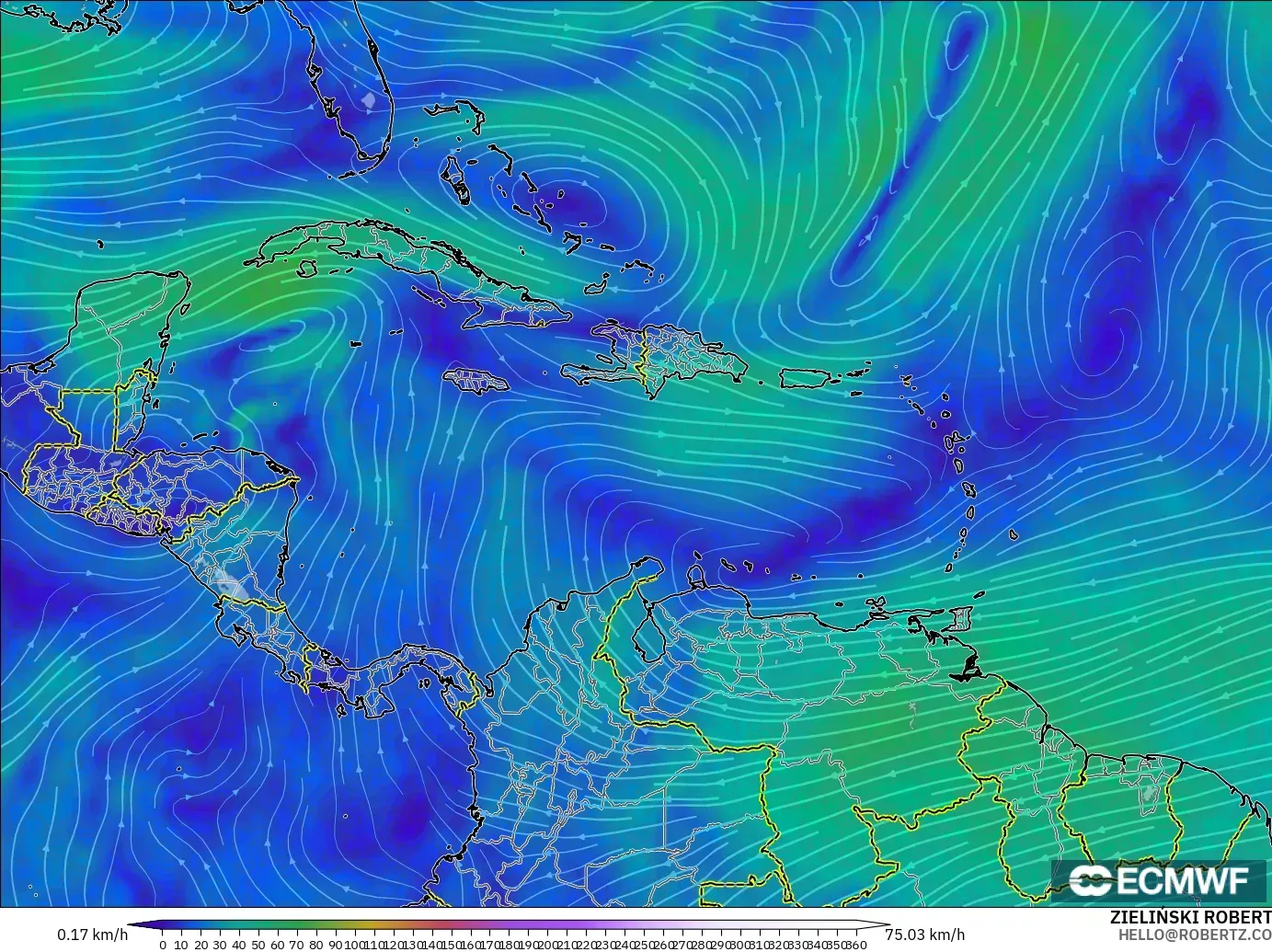 ECMWF IFS 0.25° モデル - カリブ海, 風速（300hPa）