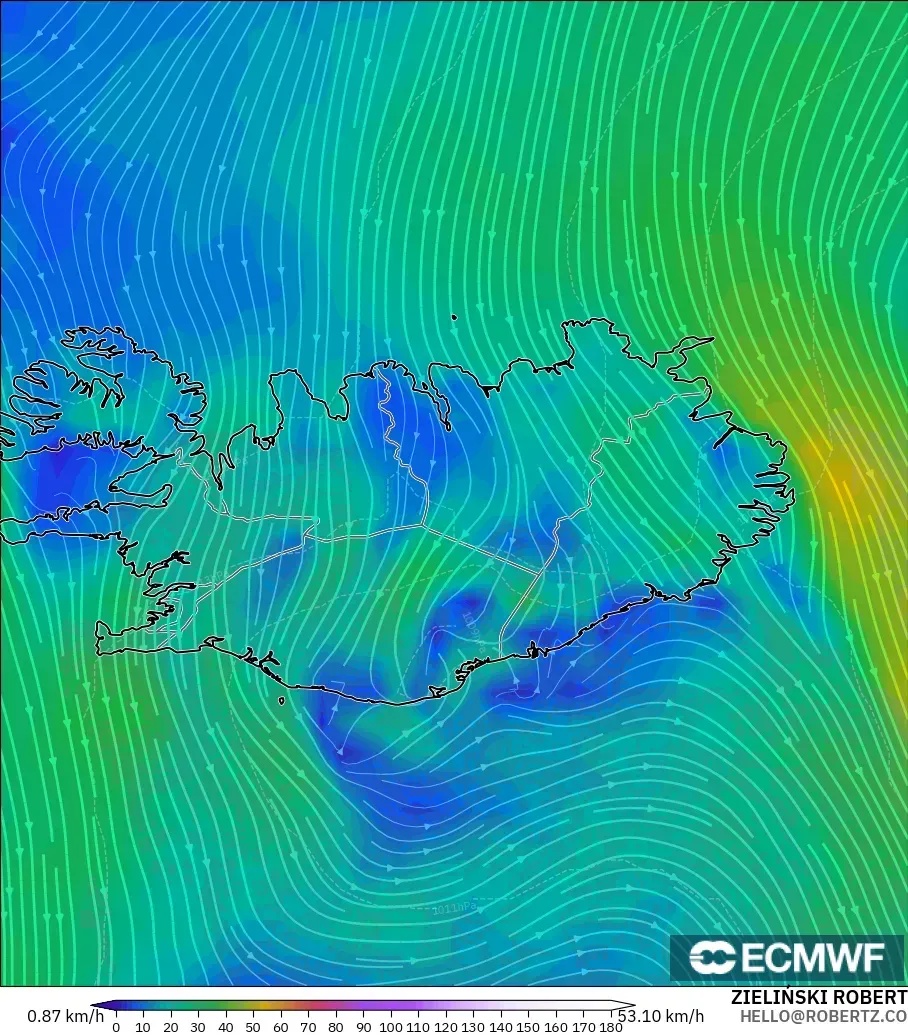 ECMWF IFS 0.25° モデル - アイスランド, 風速（10m）
