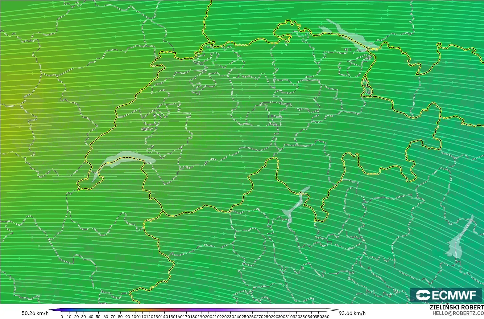 ECMWF IFS 0.25° モデル - スイス, 風速（300hPa）