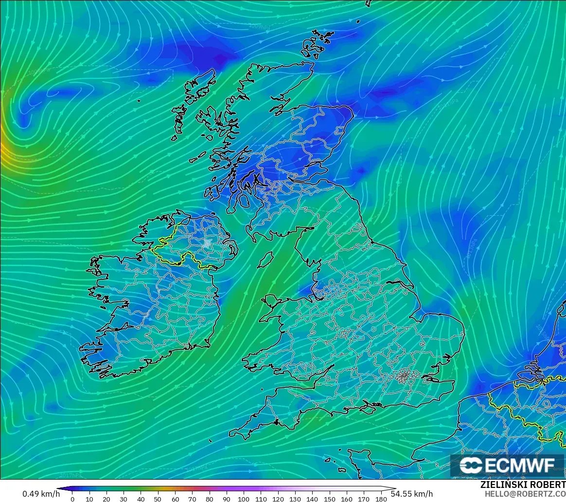 ECMWF IFS 0.25° モデル - イギリス, 風速（10m）