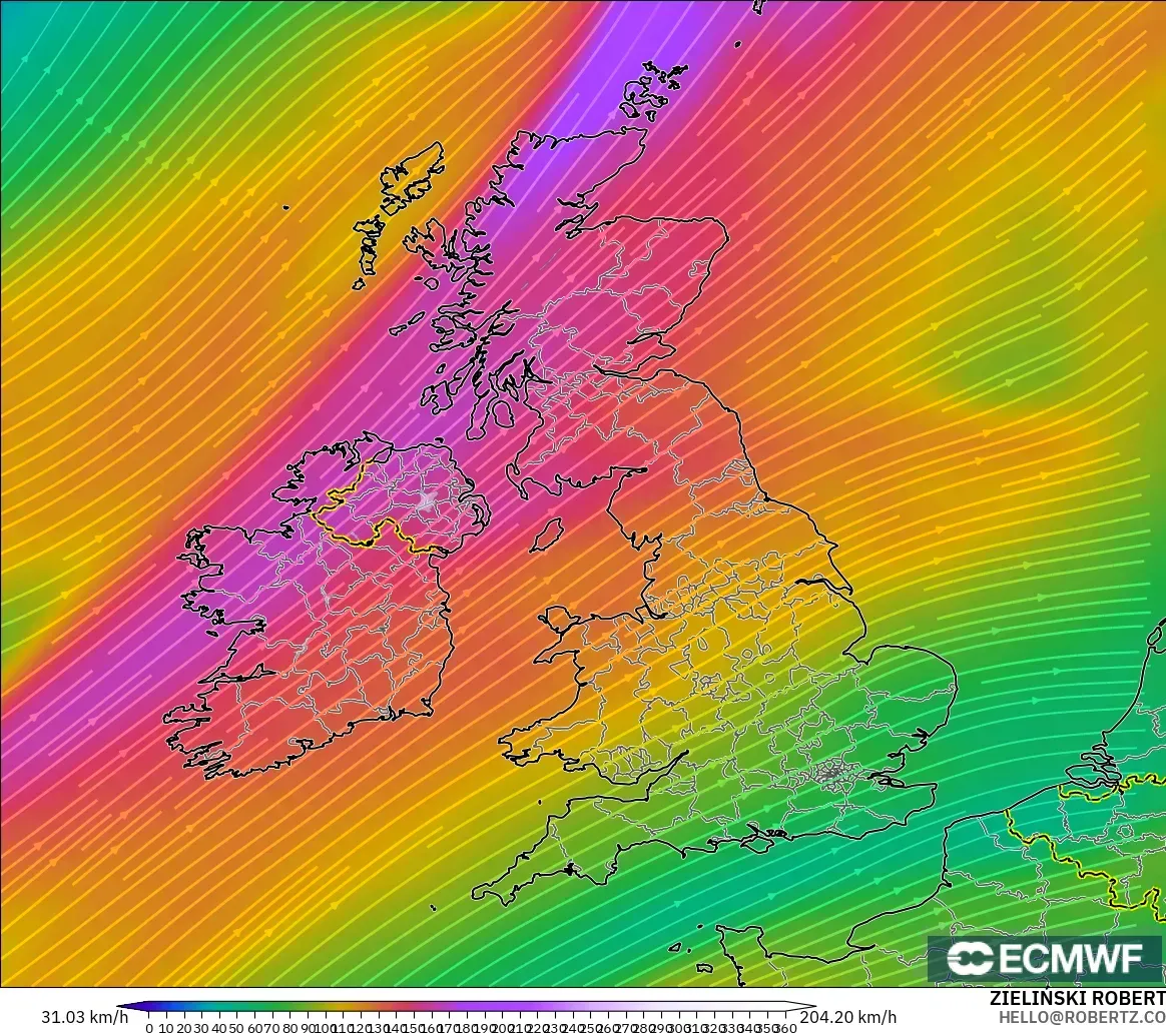 ECMWF IFS 0.25° モデル - イギリス, 風速（300hPa）