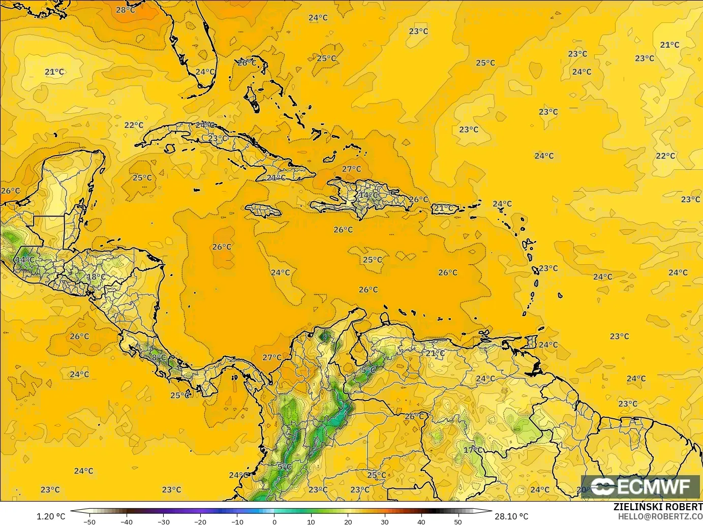 ECMWF IFS 0.25° モデル - カリブ海, 露点温度（2m）