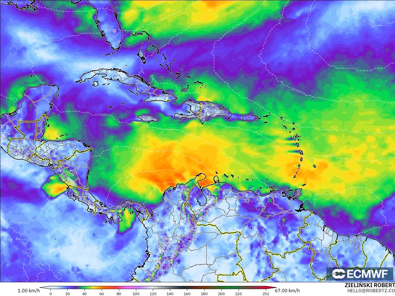 ECMWF IFS 0.25° モデル - カリブ海, 突風（最大）
