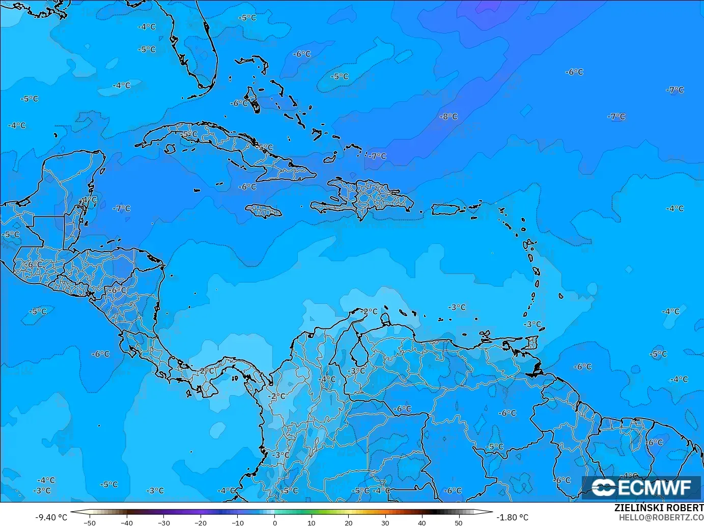 ECMWF IFS 0.25° モデル - カリブ海, 気温（500hPa）