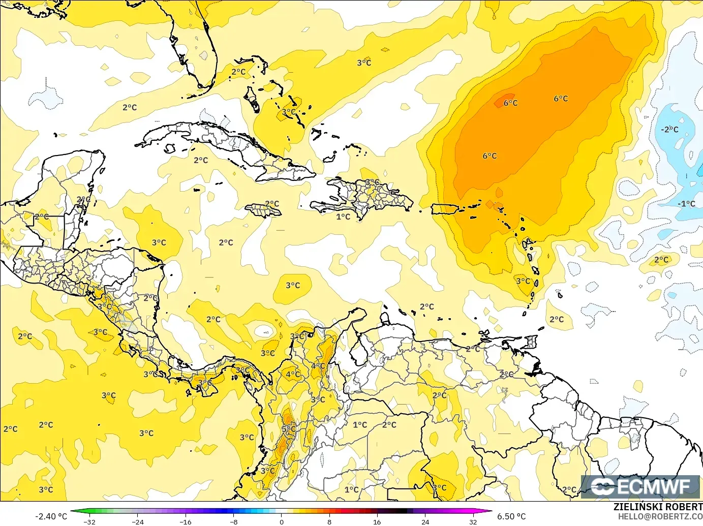 ECMWF IFS 0.25° モデル - カリブ海, 気温異常（850hPa）