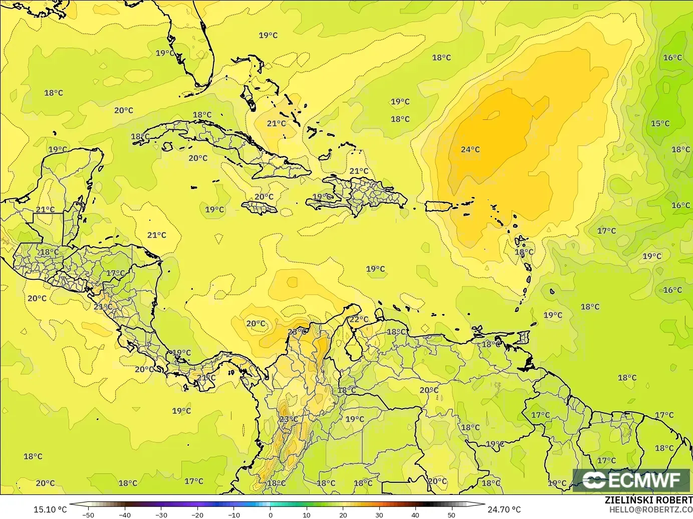 ECMWF IFS 0.25° モデル - カリブ海, 気温（850hPa）
