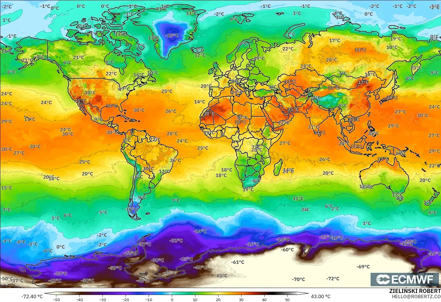 ECMWF IFS 0.25° モデル - 世界, 気温（2m）